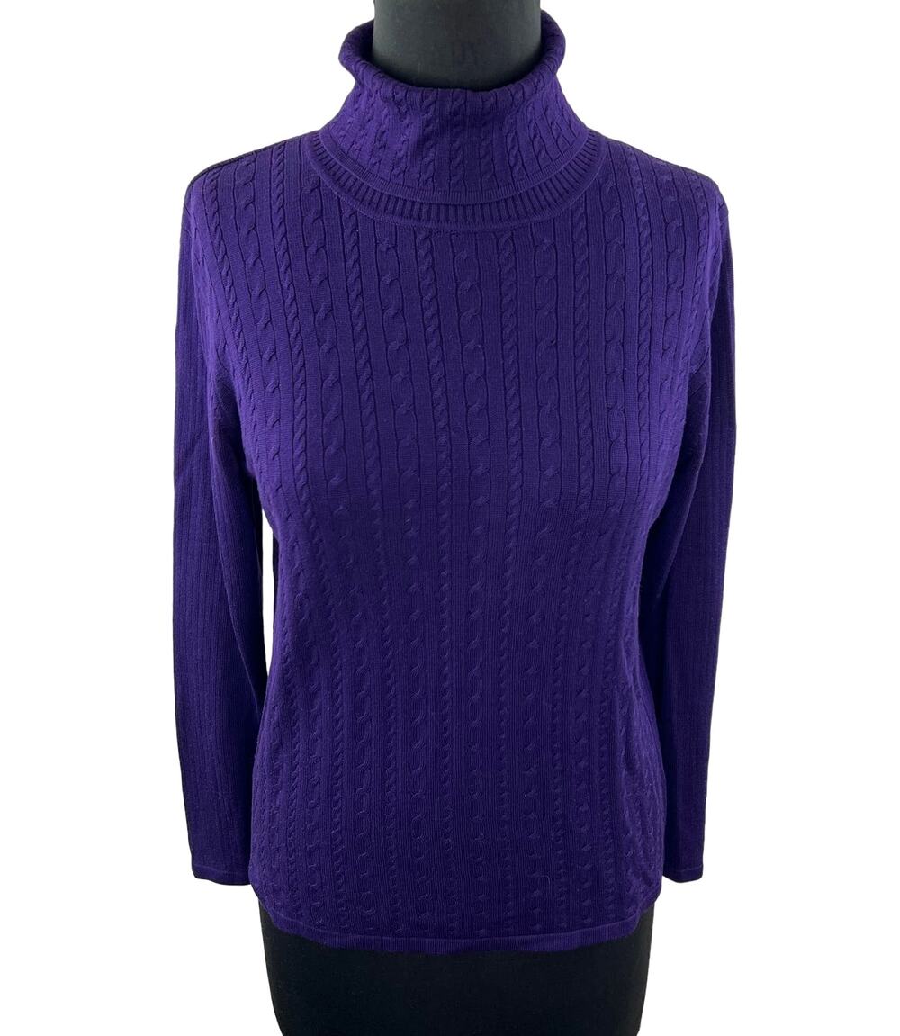 SADIMARA Purple Silk Cable Knit Long Sleeve Pullover Turtleneck Sweater Size M